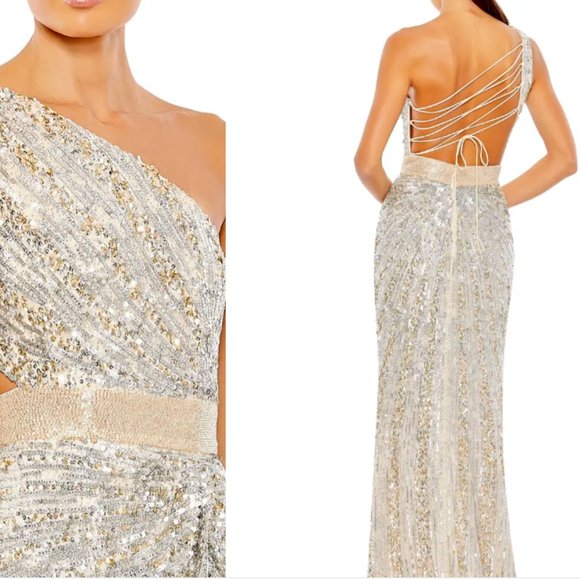 MAC DUGGAL ONE SHOULDER SEQUIN BEADED LACE UP BACK NUDE SILVER GOWN sz 12 - Picture 4 of 7